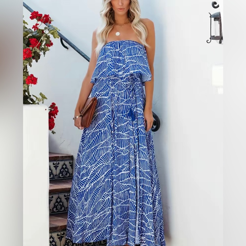Blue & White Print Strapless Flowy Maxi Dress Sz L Large - Picture 2 of 12